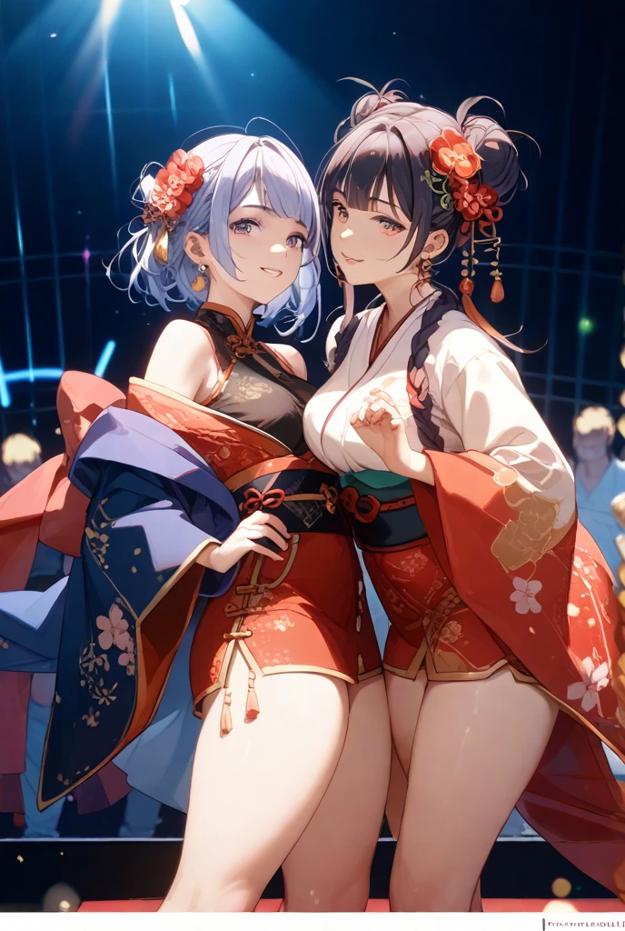 Dynamic young woman、Her vibrant purple hair is styled in twin tails.、They performed dynamic dance and singing on stage.、In-ear microphone、Wearing a costume that combines elements of traditional kimono and modern idol costumes,、With a fan in each hand、Contemporary influences、Detailed background elements、Lively crowd、Ambient Festival Lights、 Soft warm light、Low-angle camera captures heroic poses、2-point perspective、Vibrant natural and spotlight mix lighting、Subtle rim lighting、8k rendering、Advanced Texture Techniques、Subtle motion blur、Depth of Field Effect、Laser light、Magic Light Effects、Spotlight、Impressive realistic anime style