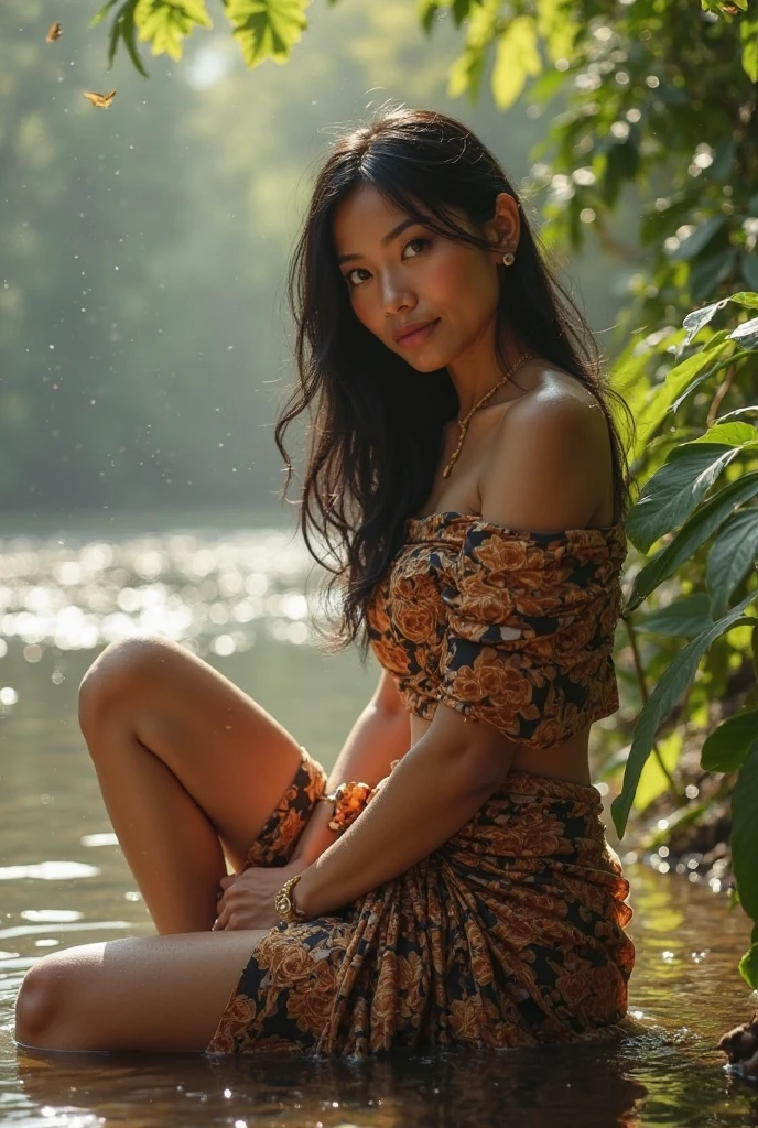 A Asian woman sitting on a wooden swing amidst a stunning waterfall view. The woman wore a luxurious black and gold evening gown with a heart-shaped bodice and a high-slit skirt. Her hair was tied in a neat bun with a few strands falling gently. She smiled gently and raised her hand elegantly, surrounded by fluttering orange and blue butterflies. The backdrop features a double waterfall cascading into a clear pool, with red and orange autumn leaves in the distance. The painting style should be realistic fantasy with soft and dramatic lighting.