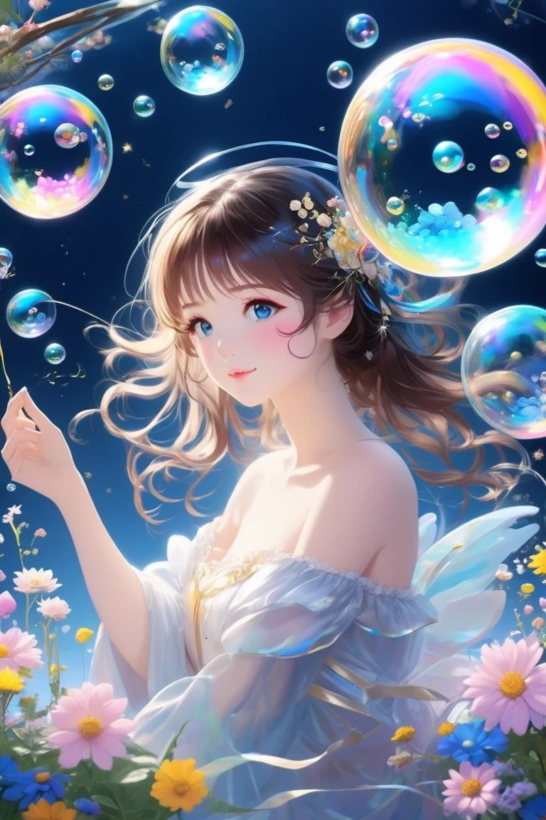 (foto de perfil recortada), ((1 beautiful young woman inside a soap bubble: 1.5)), sentado en una almohada rosa, ((flying through a beautiful and magical fairy tale city: 1.4)), (Hiper detallado : 1.3), ((ropa vestido delicado con adornos florales: 1.4)), ((atardecer background below a beautiful fairy tale landscape: 1.3)), ((Escena imaginativa)), ((Rostros y cuerpos perfectos, meticulosamente detallado: 1.3)), ((tiro lejano: 1.4)),((Mejor calidad)), ((obra maestra)), 3d, (((atardecer:1.2))), (Fotorrealista:1.4), ((frontal camera)), (sonriendo felizmente, with hands resting inside the soap bubble, sorprendido por la hermosa ciudad de las hadas:1.4), ((film lighting: 1.2)), 32k.