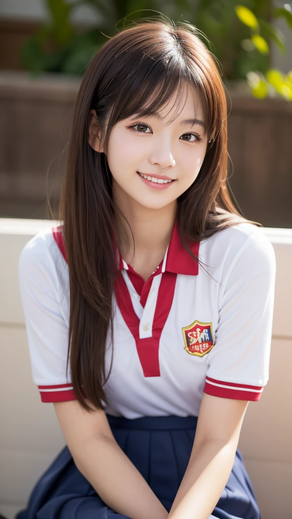 (((full bodyesbian)))、((Girls' High School Uniforms))、((1a person))、ponytail、short-hair、Close to the subject、((a school flower beds)))、(((ssmile)))、(((Girls' High School)))、((a beauty girl))、((sexy pose))、Photorealsitic、Beautiful detailed eyes、Hyper-Realism、highcontrast、Ultra HD、realistic skin textures、Top image quality、top-quality、超A high resolution、Fine details、Very meticulously、well-endowed round bosom