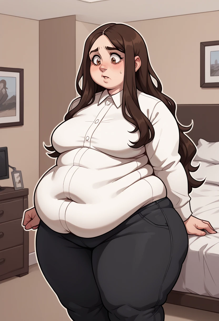Female, (Acne Bad Skin Skin Problems:1.2), Obesity Physique, (eating cake messy:1.2), Round belly, (double chin:1.2), Plump Lips, bbw, (Fat MILF:1.2), office, ((Sweaty)), Wavy brown hair, Blue eyes, Beauty spot under right eye, Micro Skirt, ((Lazy Personality)), Tired, 