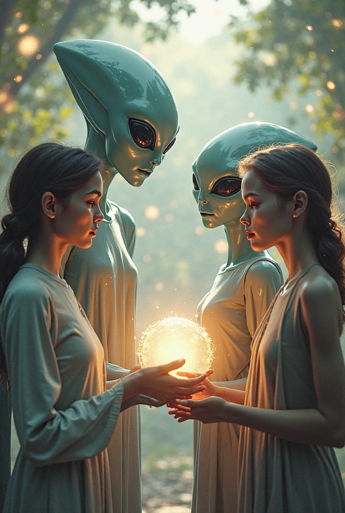 Beautiful woman conversing with aliens