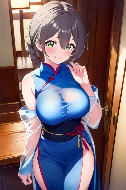 Score 9, Score 8 up, Score 7 up, The rating is questionable,
Detailed Background, Shiny skin,Fumina Hoshino, blue eyes, Brown Hair, ponytail, Scrunchie,one woman,chinese dress,lift up skirt,cleavage between breasts,boobs,large breasts,short of a person,whole body,thin,embarrassed,love hotel,anime style,high quality,masterpiece,highly detailed,