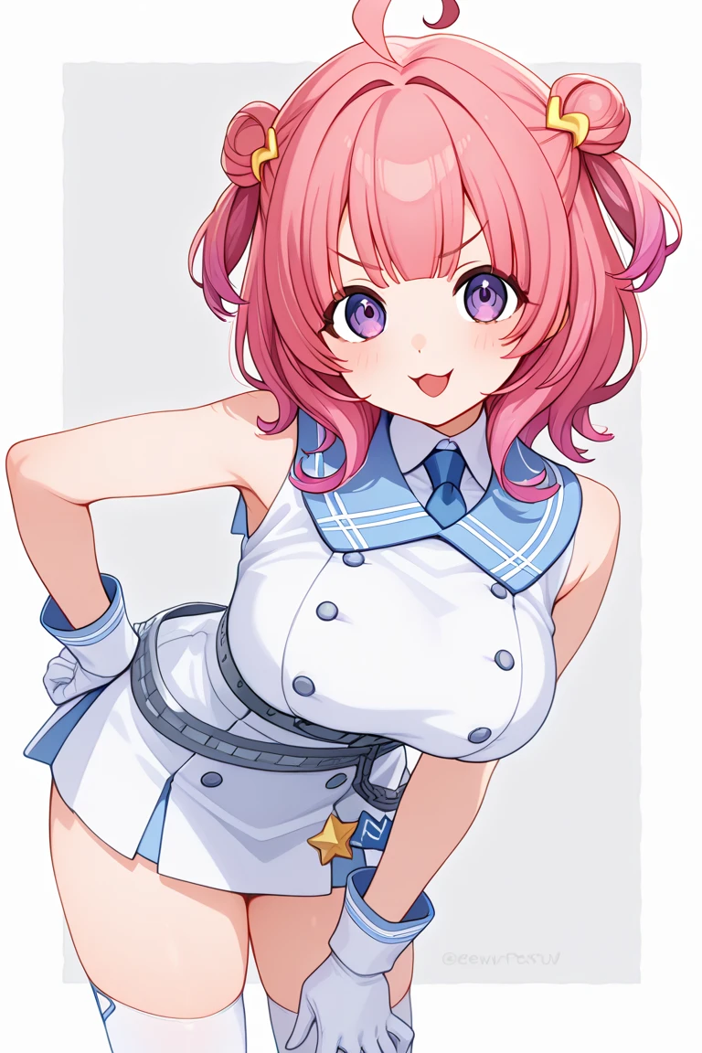 ((masutepiece, Best Quality, hight resolution, nffsw, Perfect Pixel, depth of fields, 4K, )), 1girl in, Solo, , Beautiful anime girl, Beautiful Art Style, close up, Looking at Viewer, Perfect body, Yuigahama Yui, Short hair, single hair bun, pink hair, (large boob), Full face blush, Smile, thighs thighs thighs thighs, navy playboy bunny, white elbow length gloves, white background, hands on hips, bent over, cowboy shot, Focus,