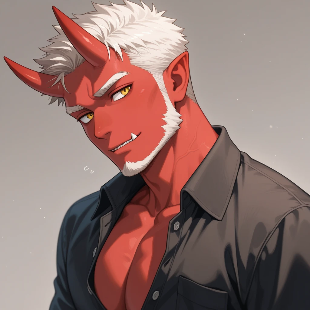 Boy, brown skin, red jacket, pointy ears, horns,4k, yellow eyes, scarf on neck