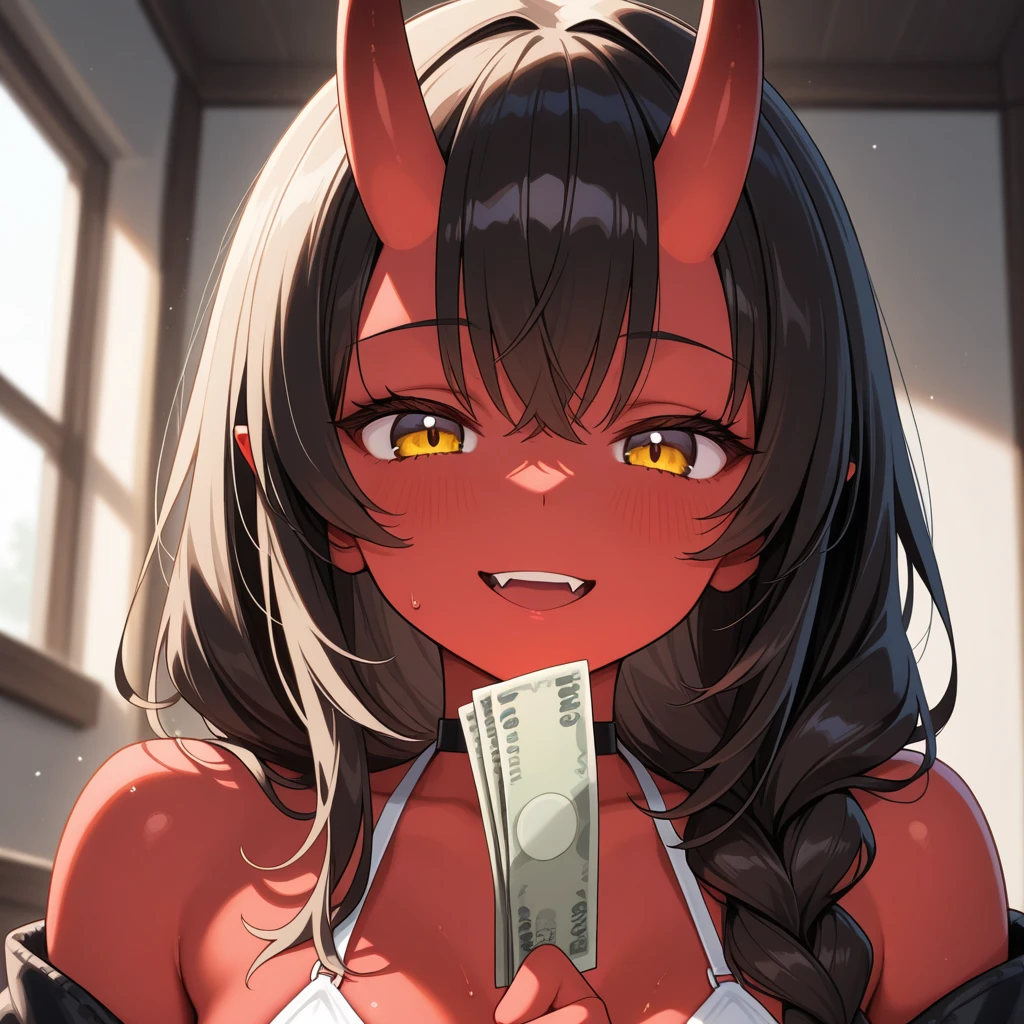 1girl, karyl, animal ear fluff, animal ears, black hair, black ribbon, cat ears, cat girl, cat tail, fang, green eyes, hair bow, long hair, low twintails, multicolored hair, purple bow, ribbon, skin fang, streaked hair, tail, twintails, vertical stripes, white hair, cum on face, penis, holding money, embarrassed, cum in mouth