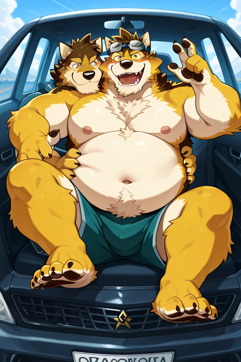 Alex the Lion, muscular body, big biceps, extremely beautiful and cute face, perfectly detailed blue eyes with perfectly detailed pupils, wears denim sweatshirt, denim cargo shorts, blue sneakers, sitting in car, selfie, kind look, cute smile