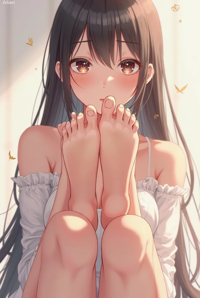 Create an anime style image, showing a young woman with long wavy black hair with white streaks. She is being viewed from below while displaying her foot with a sweaty and wet sock.