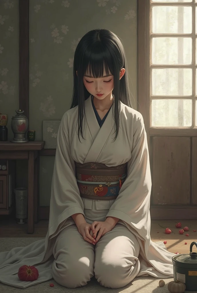 "Porcelain doll sitting at an altar, wearing a beautiful red kimono, with black hair made of human hair and face white as porcelain" --auto --s2