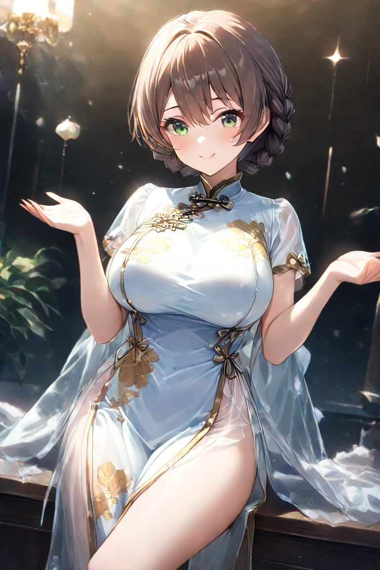 absurdres, RAW photo, extremely delicate and beautiful, masterpiece, Best Quality, ultra high resolution, 32k, hyperrealistic, ultra-detailed, detailed description, pale skin, 20 years old, delicate facial features, detailed beautiful face and eyes, tearful mole, earring, very huge round breasts, short medium hair, wavy hair, (full body shot), cheongsam, halterneck,