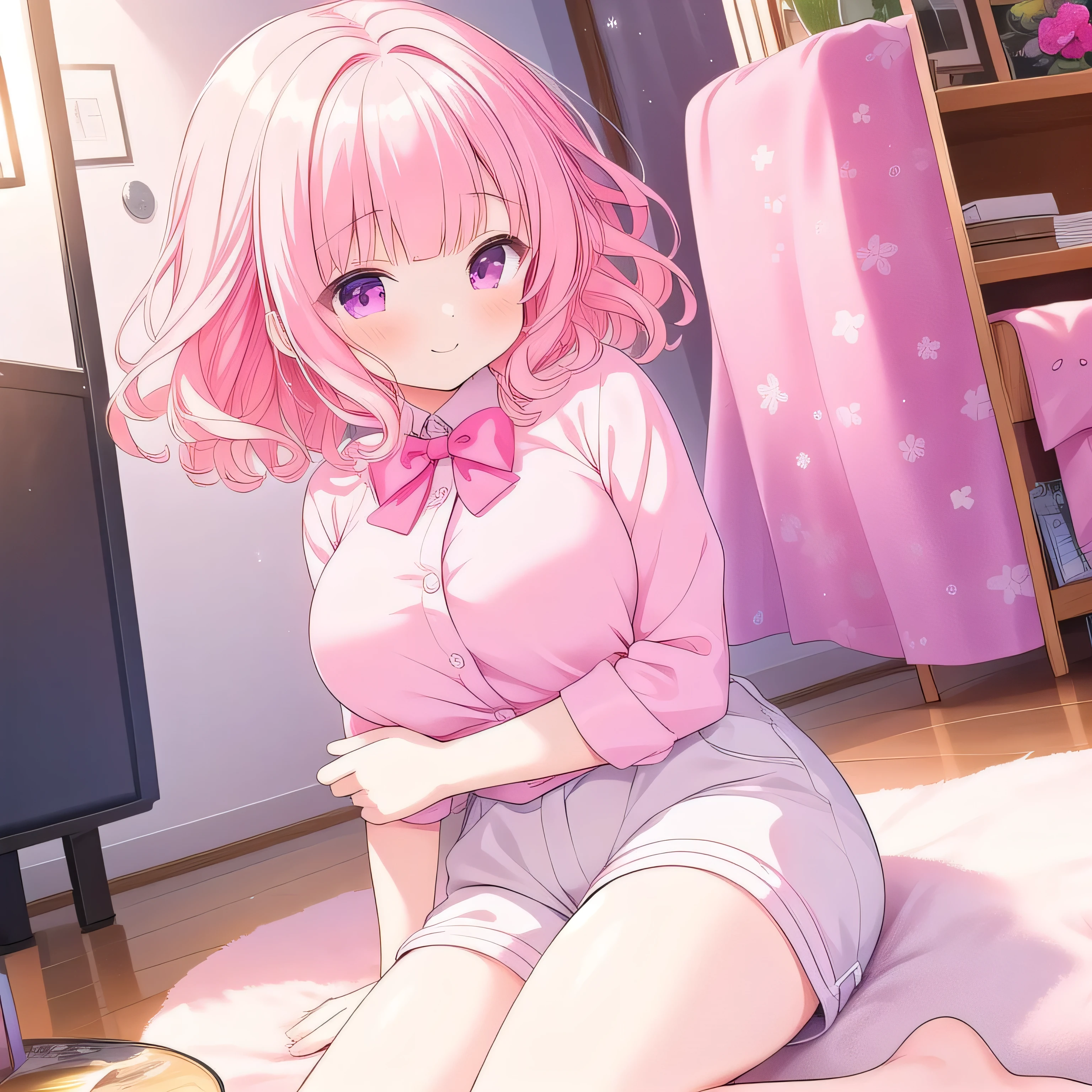 (masterpiece, best quality), highly detailed background, perfect lightingbest quality, nittamoeka, solo, indoors, pink hair, hair bow, pink bow, curly hair, short hair, purple eyes, pink eyes, large breasts, white shirt, black short pants, smile, tall adults, beautiful, fully shoulders, on store, sexy, sleeping floor,
