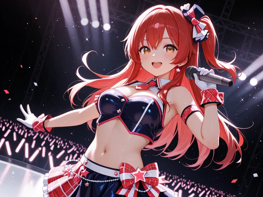 3dCG concept art,A  futuristic robotic idol.The girl is very cute,Red hair with red twin tails,Wearing a red and white robot-like barrette on his head,It has very cute red eyes,From the neck down All mechanical girls 、Wearing cute and luxurious idol costumes with frills,Her frilly shorts are visible from under her skirt.The machine-made breasts are slightly larger,Beautiful Mecha Cleavage.It emphasizes the cleavage of the machine.The limbs are exposed mechanically,she Devotedly responding to the cheers of the audience,She is exciting the arena with her cute and dynamic poses.(Dynamic pose with microphone in one hand:1.5),The background of the live stage is full of futuristic vibes, with many monitors and the audience waving their hands.Bold cowboy shots showing off their shorts to the camera,The cuteness of a girl's face and the beauty of her skin,Realistic representation of the mecha,The texture and cuteness of the costumes,A scene from the live stage.High quality, high image quality,(Masterpiece, best quality, 4k, 8k:1.2),Ultra detail,Ultra-fine painting, dramatic lighting, physically based rendering, vivid colors, professional photography,