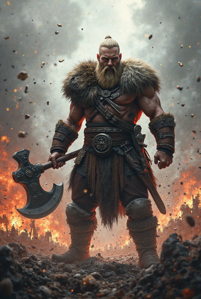 (Award-winning masterpiece:1.5), (incredible detail), (hyper realistic:1.4), (whole body:1.7), (viking chief rallying his warriors), (brutal creature in the background), (viking warriors preparing for battle), (detailed depiction of determination and fear), (dramatic lighting), (intricate details:1.1)