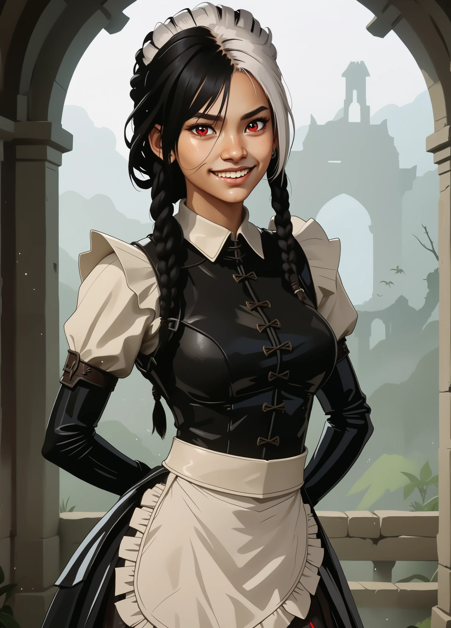 Slender body. Cute 18-year-old Aztec girl with Asian red eyes and sharp teeth and dreadlocks with white highlights. She has a cute and beautiful face. She has a round and young face with a pointy chin. Her body is athletic with abs. She wears medieval an intricate medieval leather clothing with buttons. Background: medieval jungle ruins. Realistic lighting. DnD art-style. Looking at the viewer.