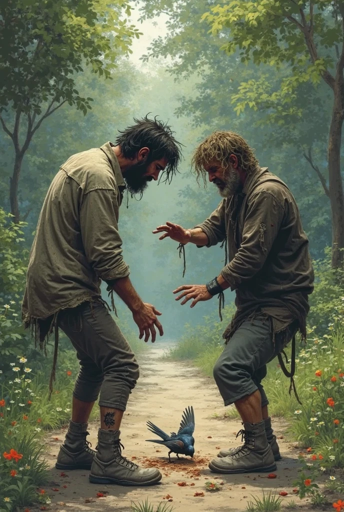 A man helping a poor man in the forest and another person running behind