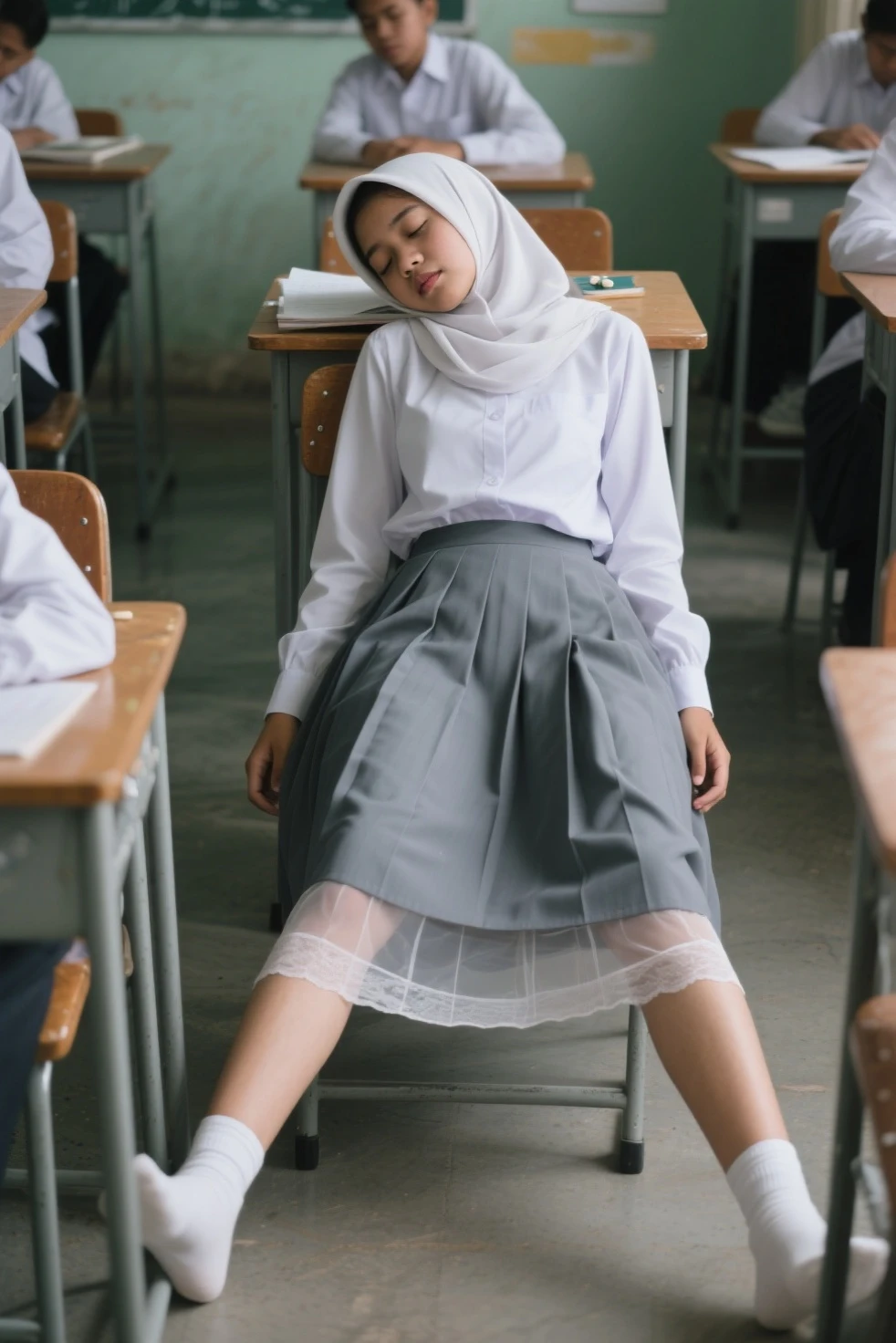 Best quality, masterpiece, ultra high resolution (photorealistic: 1.4), raw photo, 1 girl, European, cute and adorable girl, black hijab, teenage girl, (school uniform, white shirt, black skirt), ((black socks)), white air force sneakers, in a photo studio, full body view, sitting on chair, spreading her legs apart