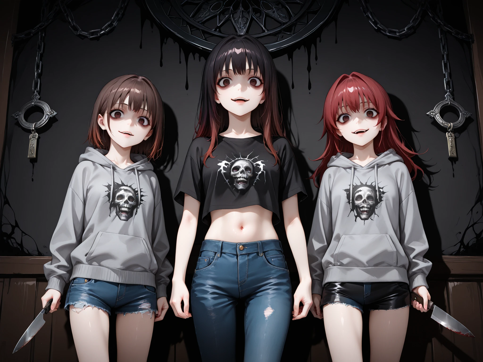 (beautiful). detailed. anime. horror. ((Dark atmosphere)). ((3 girls)). yandere. look at the viewer. psychopaths. ((('s crazy look))). ((frightening)). (all three girls fit entirely into the frame). 1) First Girl: red hair, Black clothes, t-shirt, skirt, (holds a kitchen knife in his hand). 2) second girl: dark brown hair, grey hoodie, blue jeans, looks at the smartphone. 3) third girl: Black clothes, black hair, crop top , short shorts, amulets , chains, religious symbolism .