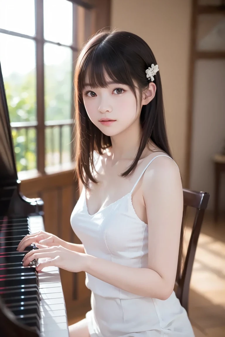 8k, RAW Photos, highest quality, masterpiece, Realistic, Photorealistic, (1 Ultimate beauty), Highly detailed face, Detailed eyes, double eyelid, eyelash, Lip details, Brunette Bob, (((Completely naked(1.9))、((All Nude(1.9))), ((Small breasts(1.9), Small breasts(1.7))), Camel Toe(1.8), (((Thick pubic hair(1.8))), Cowboy Shot, ((Written boundary depth))
(((Music Room Studio, musical instrument, keyboard, speaker, ((Headphones)), microphone)))
Proceed with caution,((13-year-old girl)), (((slim, Narrow waist, Thin thighs, Thin arms, smile, Laughter, Headphones)))