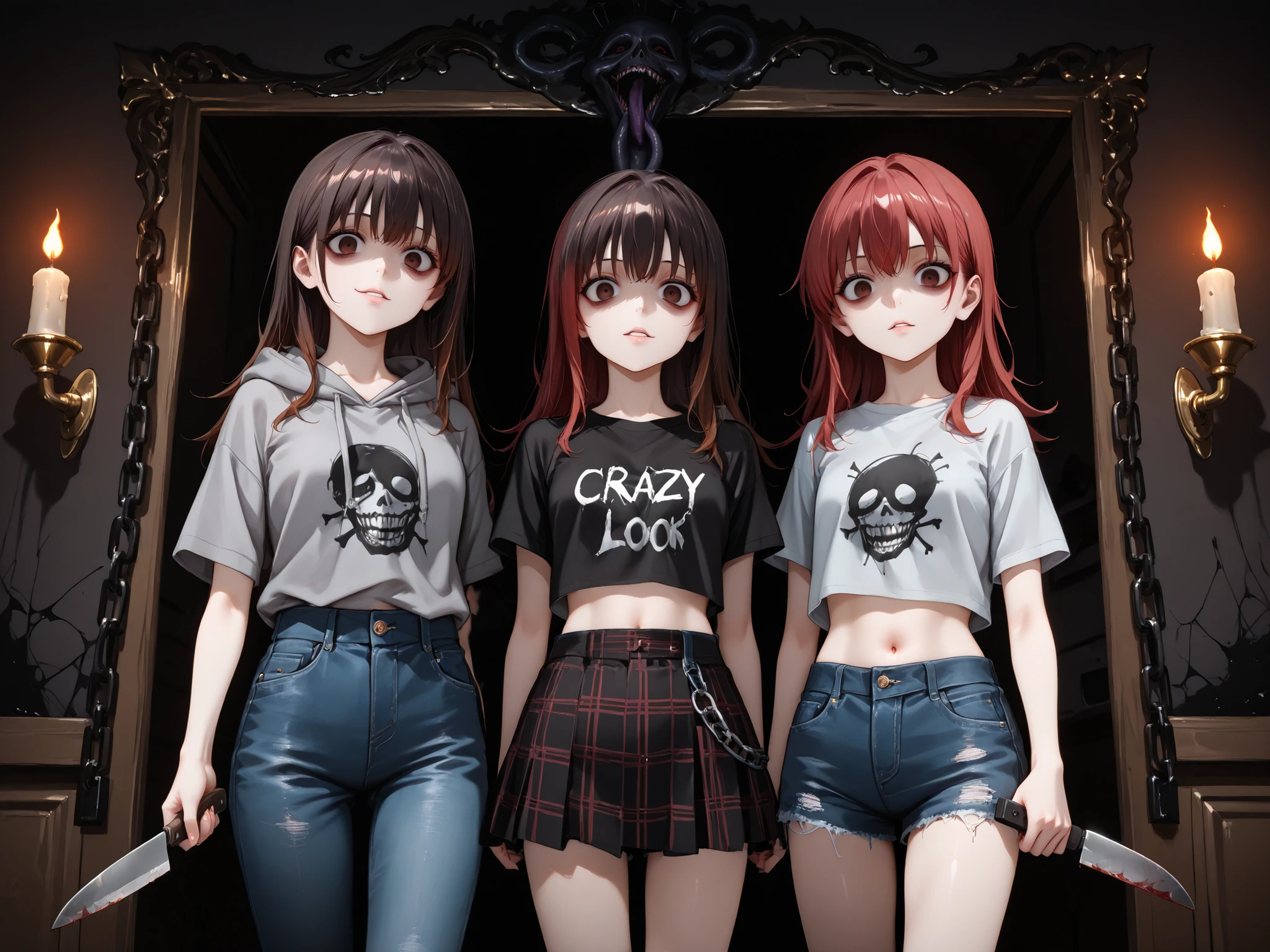 (beautiful). detailed. anime. horror. ((Dark atmosphere)). ((3 girls)). yandere. look at the viewer. psychopaths. ((('s crazy look))). ((frightening)). (all three girls fit entirely into the frame). 1) First Girl: red hair, Black clothes, t-shirt, skirt, (holds a kitchen knife in his hand). 2) second girl: dark brown hair, grey hoodie, blue jeans, looks at the smartphone. 3) third girl: Black clothes, black hair, crop top , short shorts, amulets , chains, religious symbolism .