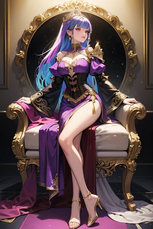 1 girl, purple hair, long hair, seducing the audience, provocative pose, standing, solo, black dress, off-the-shoulder, long legs, view from below, superiority, crossed legs, ass, pink bottoms, gold headdress, high heels