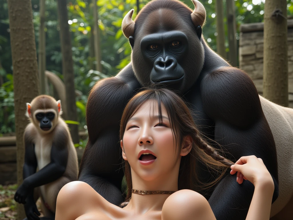 A (((tween holding a monkey and a monkey in her arms,))) Nami from one piece. Wearing micro skirt. ((And her get hugs with Lewd monkey groping her in jungle)).(realistic arts), intricate, (monkey craves her carnally), nipslip, puffy nip, ((monkey grabbing breasts))