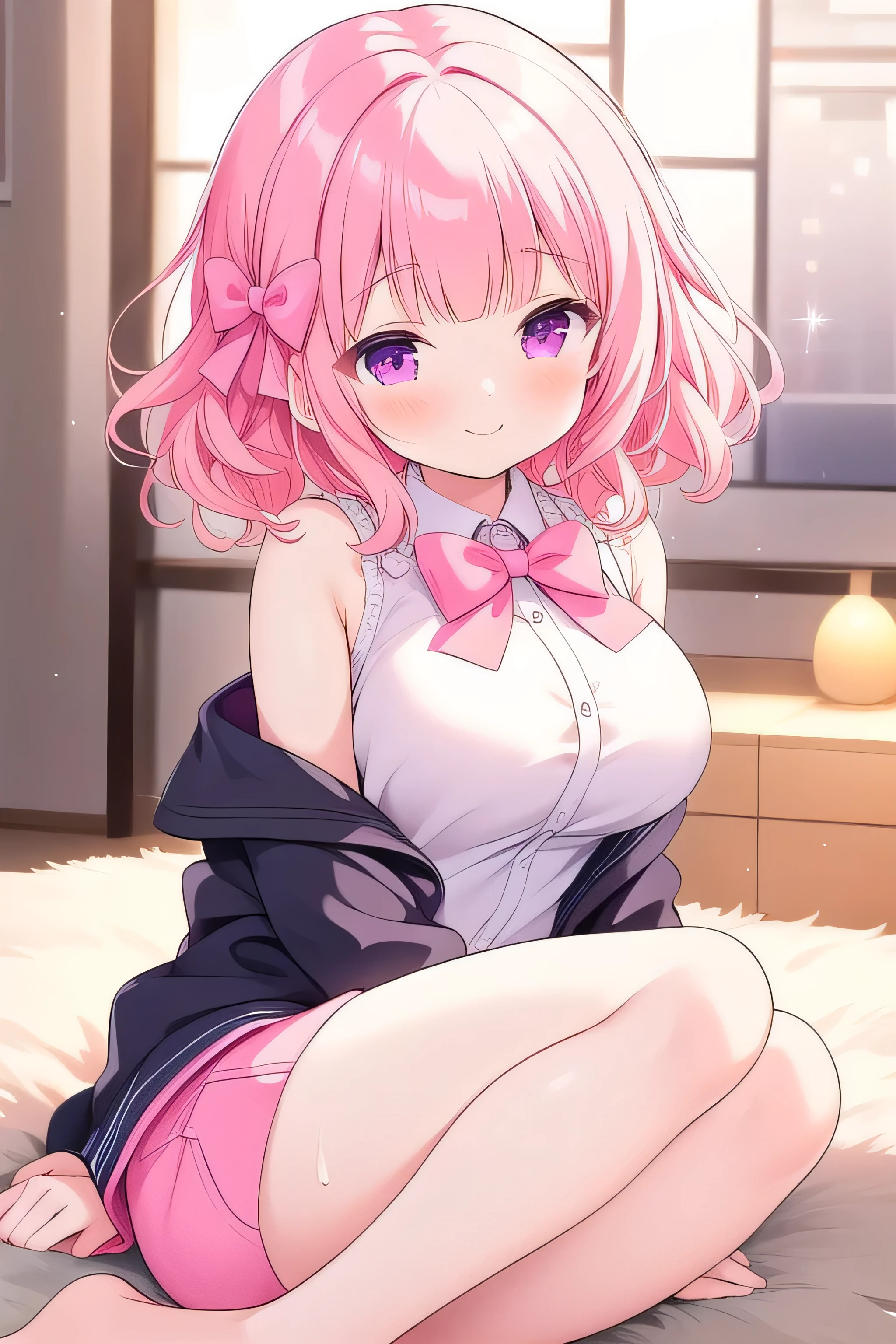 (masterpiece, best quality), highly detailed background, perfect lightingbest quality, nittamoeka, solo, indoors, pink hair, hair bow, pink bow, curly hair, short hair, purple eyes, pink eyes, large breasts, white shirt, black short pants, smile, tall adults, beautiful, fully shoulders, on store, sexy, sleeping floor, jacket,
