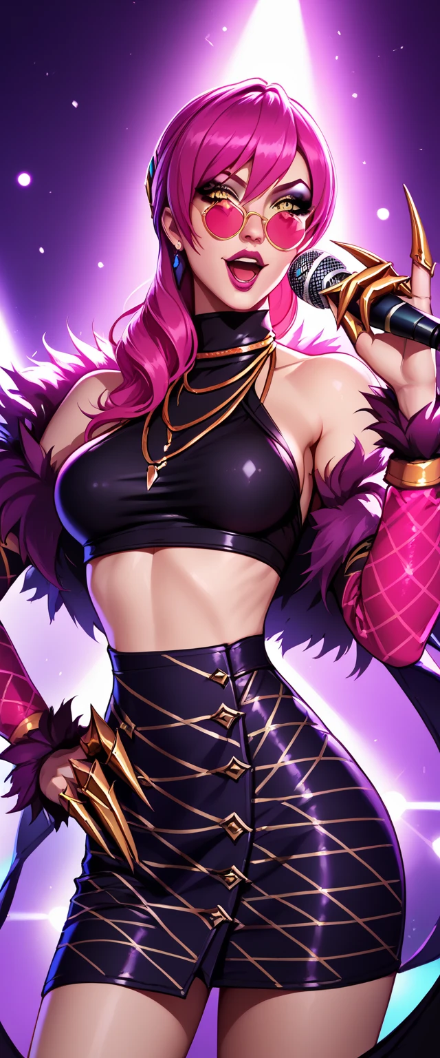 ((girl 18 years old mouth like a cat, pink hair beautiful makeup, big red hoop in the shape of cat ears)), ((she is wearing a black tank top, short gold skirt, black leg warmers and pink heels, long purple gloves, she has a pendant with a heart hanging around her neck and has golden fur on her shoulders, large gold bracelets on hands)), ((very tall ideal figure with medium breasts and hips)), (((graphics like in the game Brawl Stars
