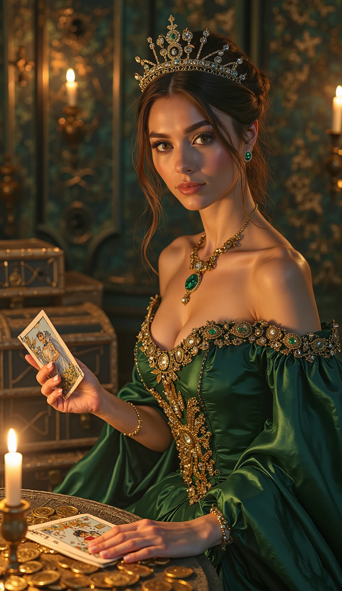 (Meisterwerk, high resolution, fotorealistisch: 1.4), (A mystic and magisch charming Tarot reader woman, Smileing, in a beautiful room full of tarot themed objects:1.3). Sie betrachtet die Karten auf dem Tisch. (Die Kamera Sony Alpha a7R IV ist gekonnt darin, diesen fesselnden Moment festzuhalten: 1.2), (kombiniert mit einem vielseitigen Sony FE 24-70mm f/2.8 Objektiv, So wird sichergestellt, that every detail is captured beautifully: 1.2) magisch (Stunning photo of a fascinating beauty, which shows her breathtaking beauty: 1.2), Intricately detailed background with bioglowing luminosity