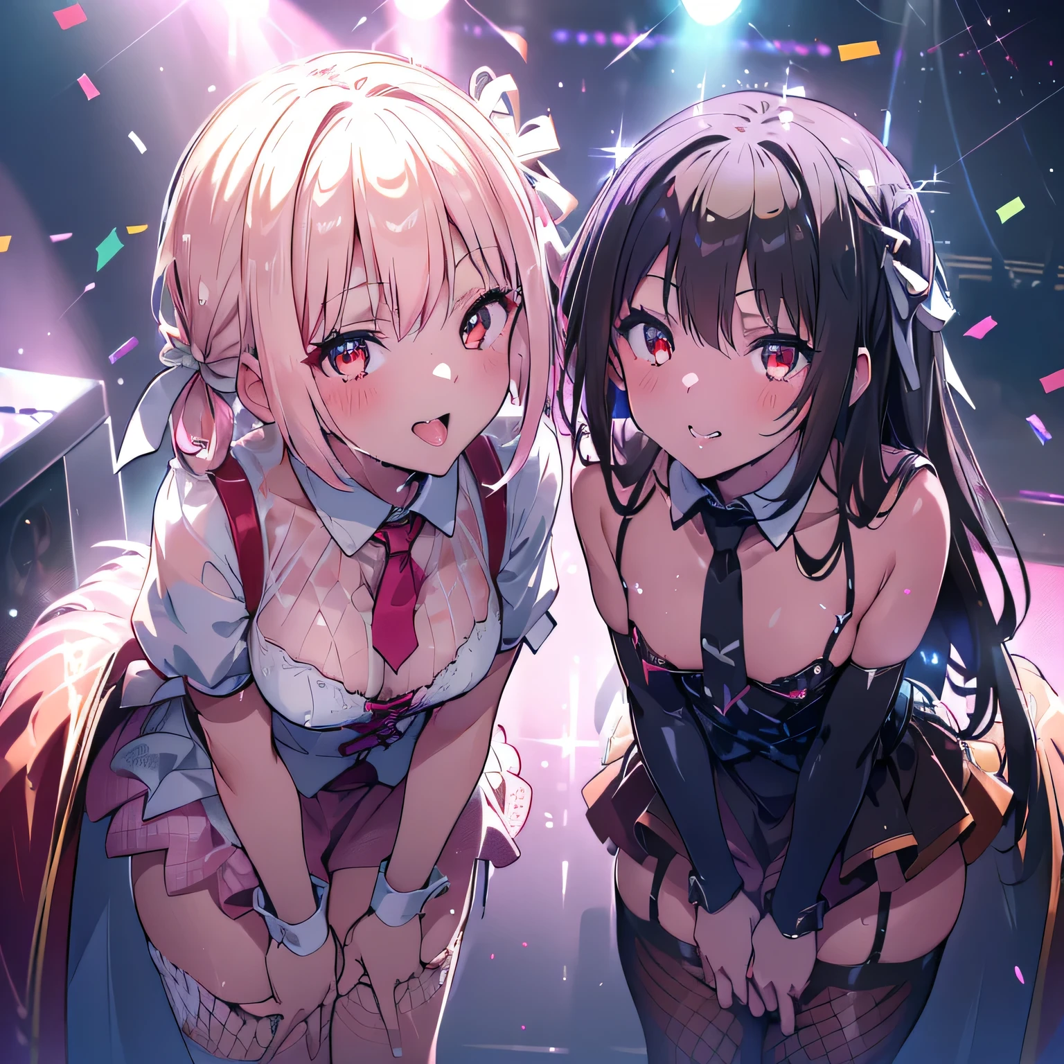 adult woman、exact number of fingers、Exact number of legs、Exact number of arms、bangs, ribbon ponytail, brown hair, (blush:1), (put one hand in your panties:1.8), fingering, (pussy juice:1.4), cum in mouth, (A woman is holding a microphone and is about to sing:1.5)、white and navy idol costume、That costume includes a navy blue idol-style corset., That costume has a ribbon on the collar.、The costume covers the shoulders, sides, upper arms, and arms., That costume only opens wide at the chest.、high socks、white idol style skirt, (Detailed and luxuriously decorated underwear:1.3), Ribbon at collar, (White and pink panties with lots of lace:1.3), white lace bra:1.2), sexy underwear, Thighhighs、 beautiful big breasts, (erect nipples:1), the skirt is turned up、highest quality, High resolution, (detailed and beautiful eyes:1.6), highly detailed face, perfect lighting, Very detailed CG, (perfect hands, perfect anatomy),embarrassed expression、The expression that you are holding back from going to the toilet, (sexual pleasure expression:1.4), (expression of agony:1.2)、close your eyes、sexy look、look upward、mouth half open、Climax、(live stage、a lot of spectators:1.3)、whole body