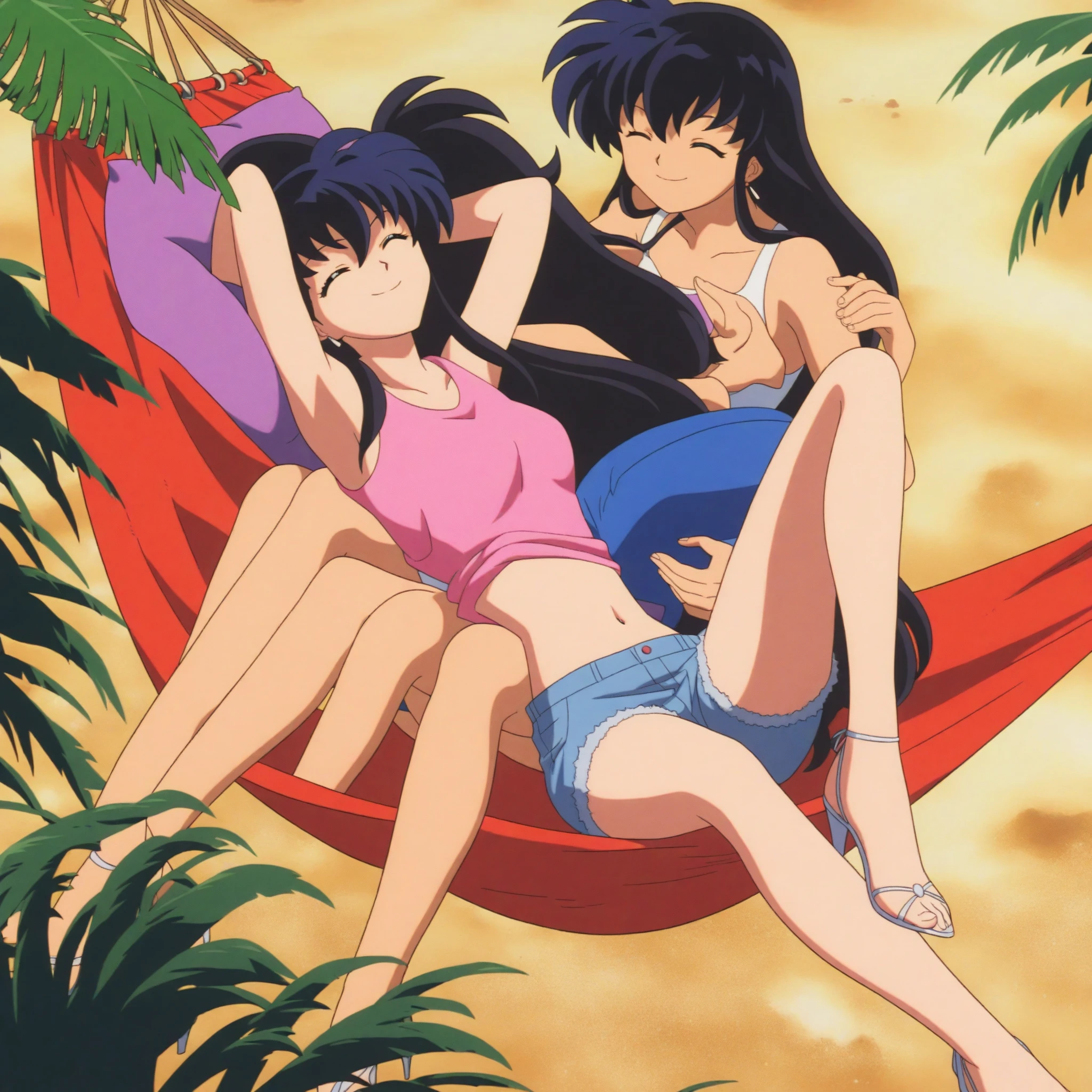 (((asakura minami:1.3))),((masterpiece)),((highest quality)),super detailed,(thin entire outline),enlightenment,explicit,((2girl:1.3)),dutch angle,black hair,medium hair on shoulders,black eyes,small nose,perfect body,beautiful body,beautiful character design,perfect eyes,perfect face,(happy,smile,red cheeks,having fun:1.2),small open mouth,perspiration,wallpaper,ultra high resolution,8k,photo shoot,(beautiful large breast:1.2),beautiful legs,perfect feet,beautiful skin,fair skin,smooth skin,official style,official art,make a screen cap,outdoor,(summer beach),sunshine,bright lighting,white bikini,(((micro bikini,protruding nipples,camel toe:1.3))),((wide spread legs,peace sign:1.2)),(relaxing on beach chair:1.3)