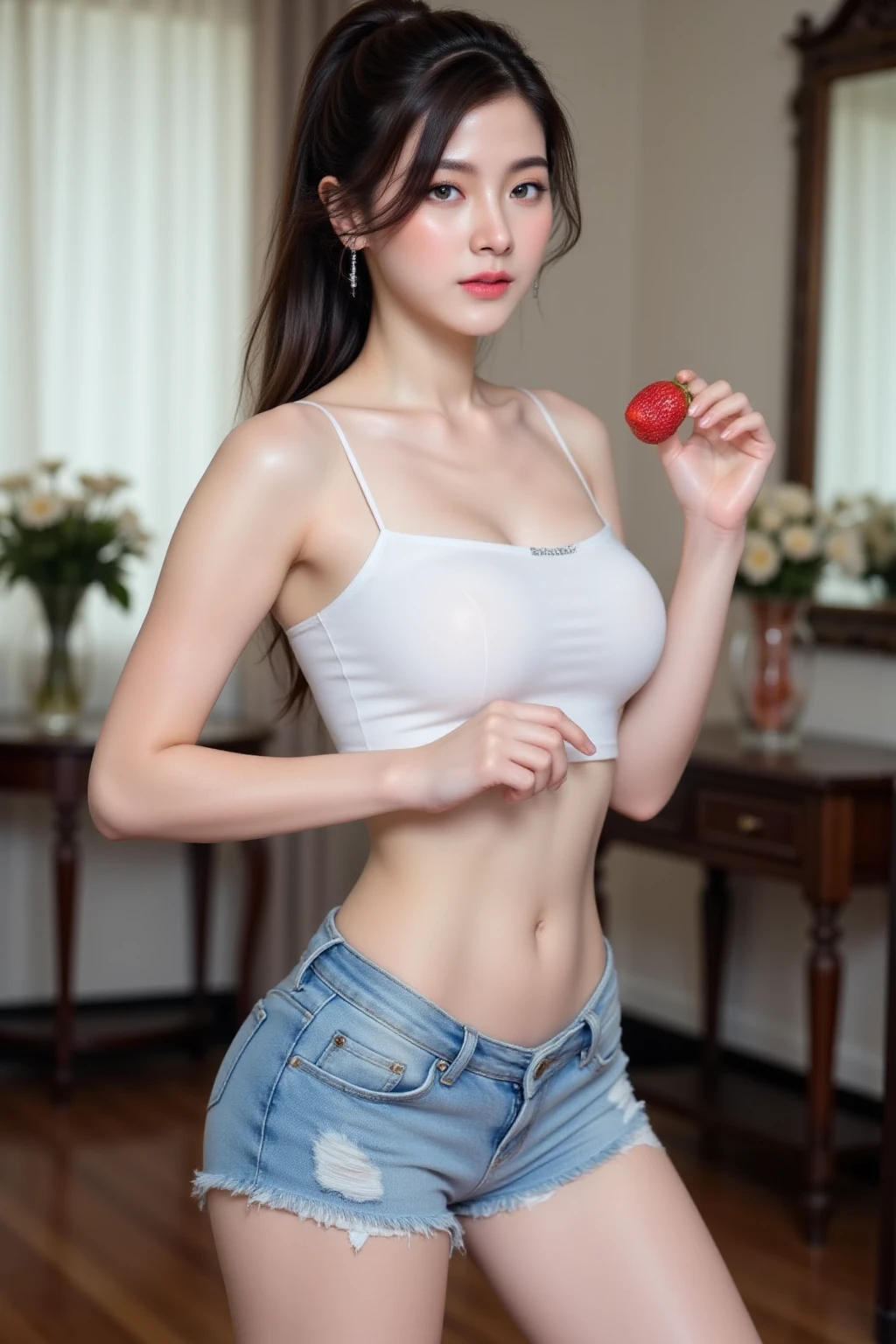 realistic, gigantic voluptuous chest, Maxim cover model, During shooting, ((The background is an orchard with apple trees.)), dynamic, 20-year-old female, slim waist, whole body, tons of, belly button visible, ((Ivory see-through tank top)), ((White shorts)), (No Braza), (No panties), Clear chest bone, Art of the Birth of Humanity, Popular on CGsociety, beam, god&#39;s beam, muscular, big ass, Bold protrusion of the vagina, realistic, chest, earring, pendant, ((apple in hand)), (Bold spread between legs), very erotic pose, a sinister attitude, eat the apple in your hand.,(Camera shot starting from below),