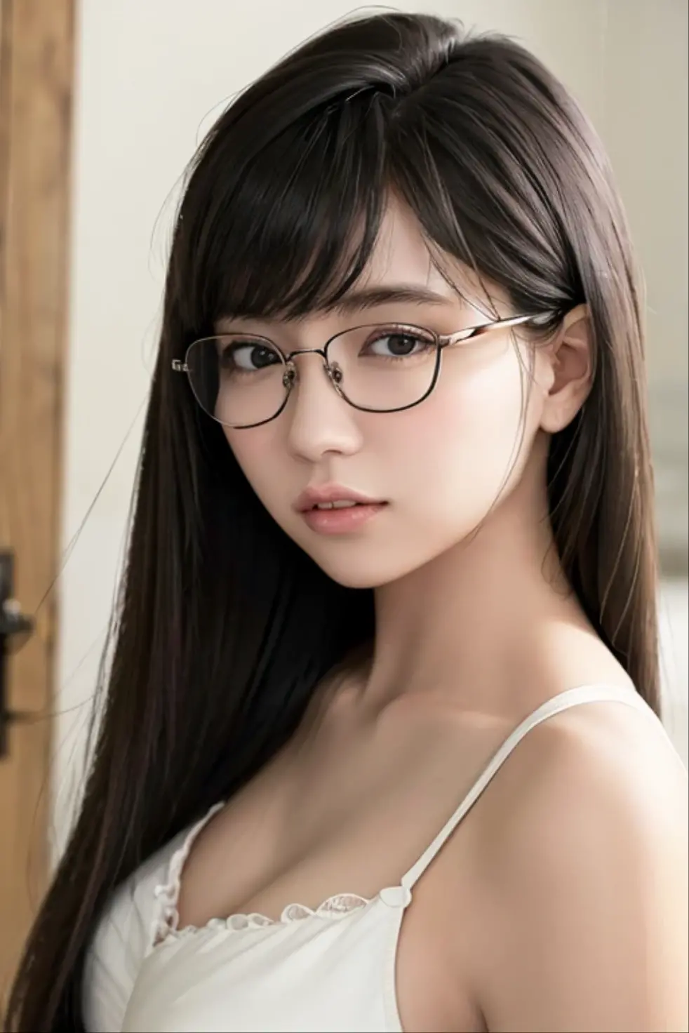 (8K、Raw photography、top-quality、tmasterpiece:1.2)、(hentail realism、Round glasses、Metal Frame Glasses、Big breasts、Photorealsitic:1.37)、ultra - detailed、超A high resolution、1 rapariga、see the beholder、beautifull detailed face、A smile、zoomed out、(Slim waist) :1.3)、White summer clothes and beautiful, smooth skin、Skin Texture、Floating hair、Braided hair、Professional Lighting、In the classroom、((black square glacier body zbian、Brown hair