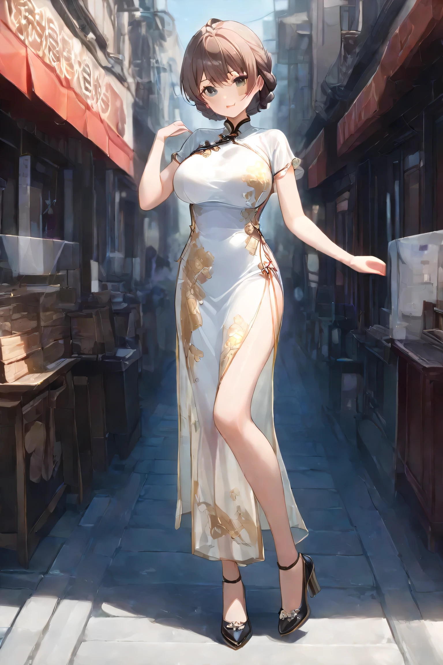 top quality, masterpiece,ultra_detail,8k,high resolution,
white_gold_qipao,silk,slit,Sakuramori Kaori,braids,stupid hair,see through,Big breasts,
1girl,solo,Smile,blush, model pose,Full Body,Chinatown,Daytime