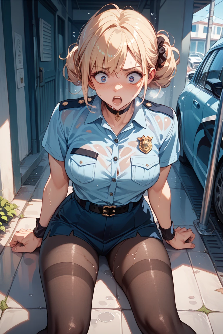 Close-up shot of a sexy woman, Gorgeous with captivating eyes and perfect makeup, radiant childhood friend, emphasized by police uniforms,pencil skirt, Show off your sexy figure with big thighs and wide hips, provocative. tie (Shibari, tay bị tie sau lưng: 1,5), (Shibari: 1,21), Bị tie, chân bị tie, gag with drool ball,wearing big red ballgag glasses, in car, green rope