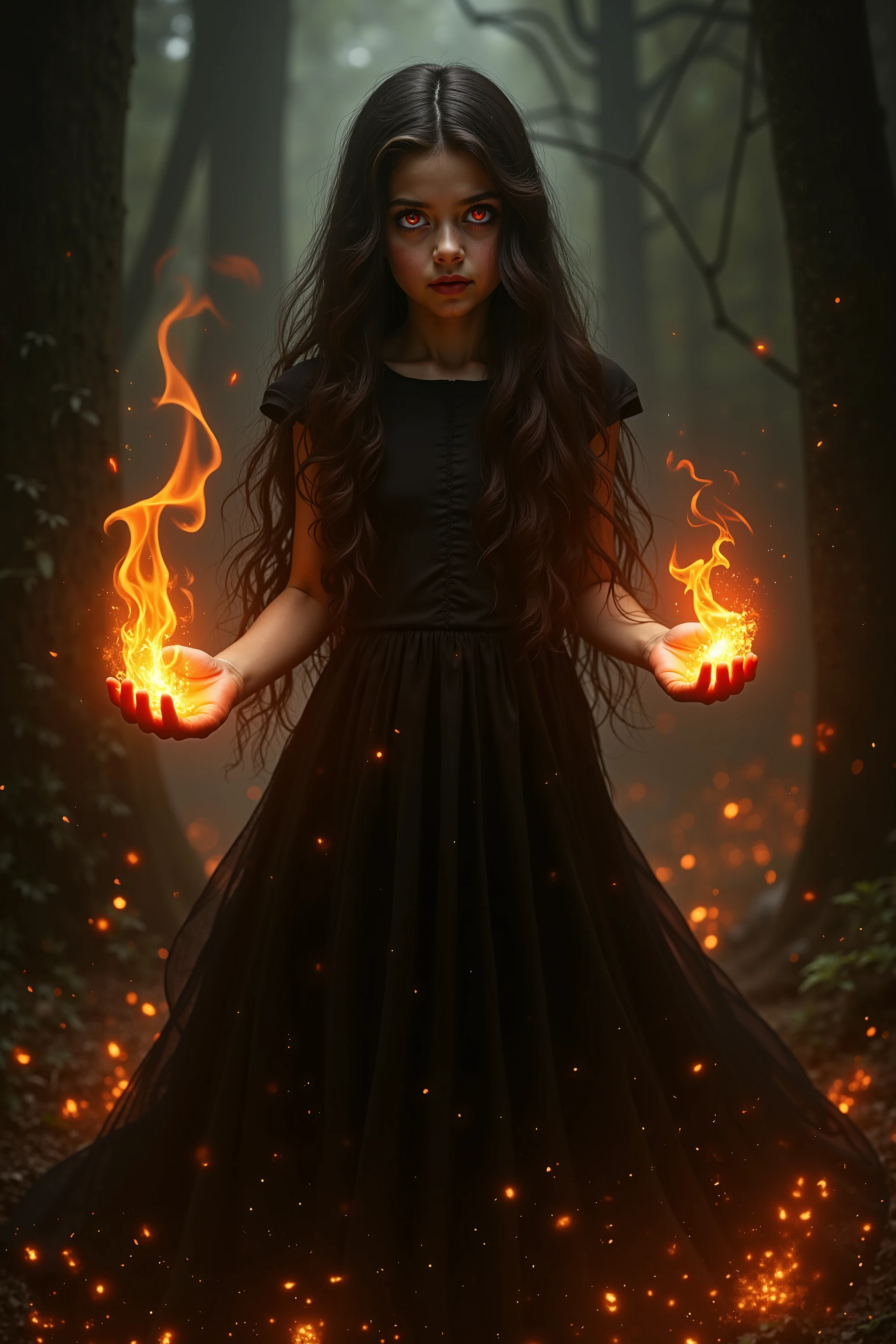 Create a girl playing with fire, she has red eyes, cabelo comprido, and wears a long black dress 