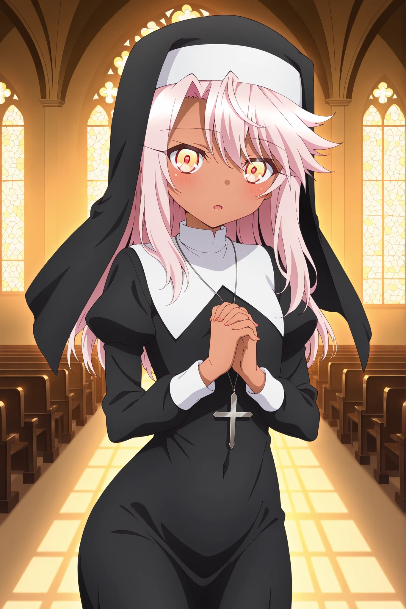 masterpiece, best quality, amazing quality, absurdres, highres,(anime screencap:1.4),solo, 1girl,chloe von einzbern,dark skin, pink hair,orange eyes, medium hair,nun,church,indoor