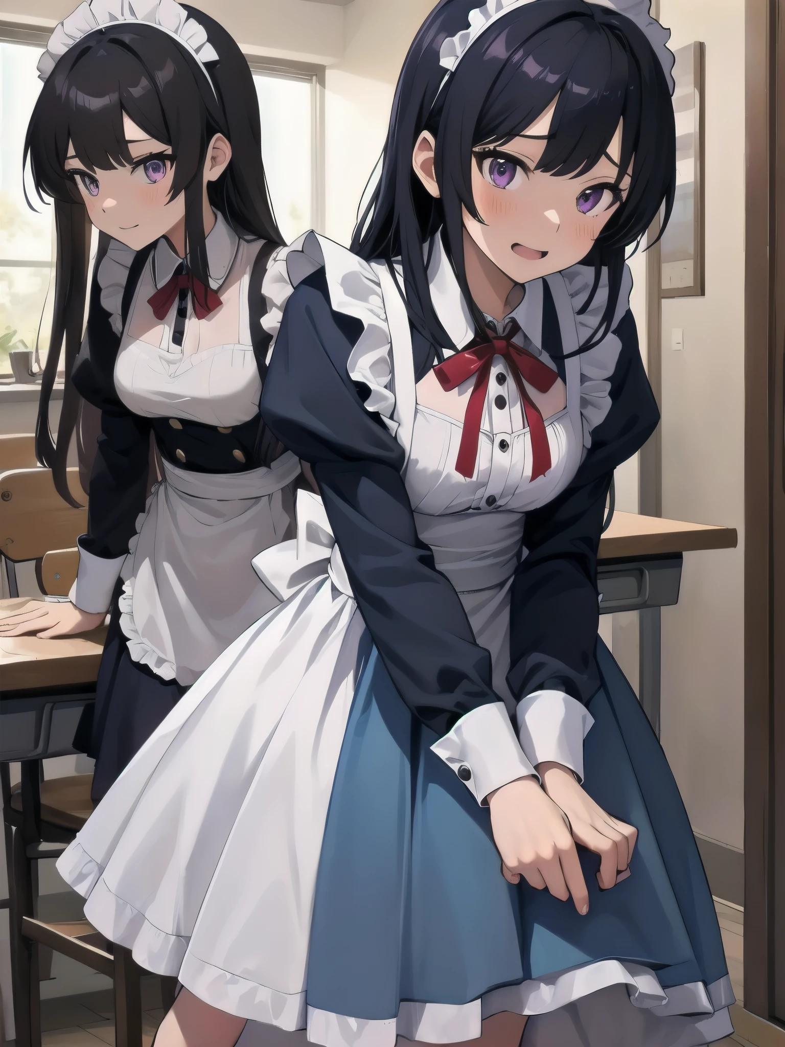 beautiful facial features,collar,Correct human body structure,perfect,((Two young girls in classroom)),full body pictures,Long black hair,Rope bondage,((arms behind back)),Expecting smile,tongue licking lips,maid outfit,stand,Looking at the camera lovingly