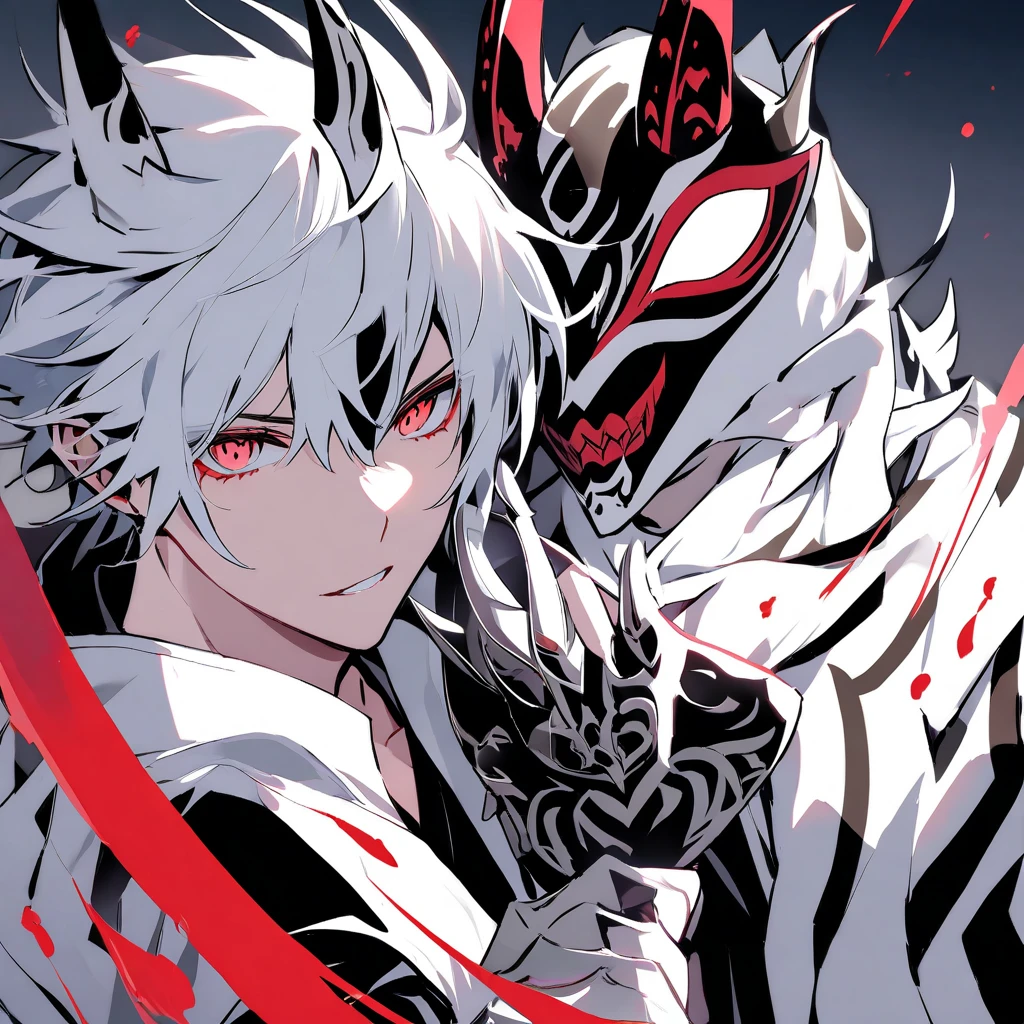 Boy, white, with gray hair, wearing a white hoodie, and black demon horns