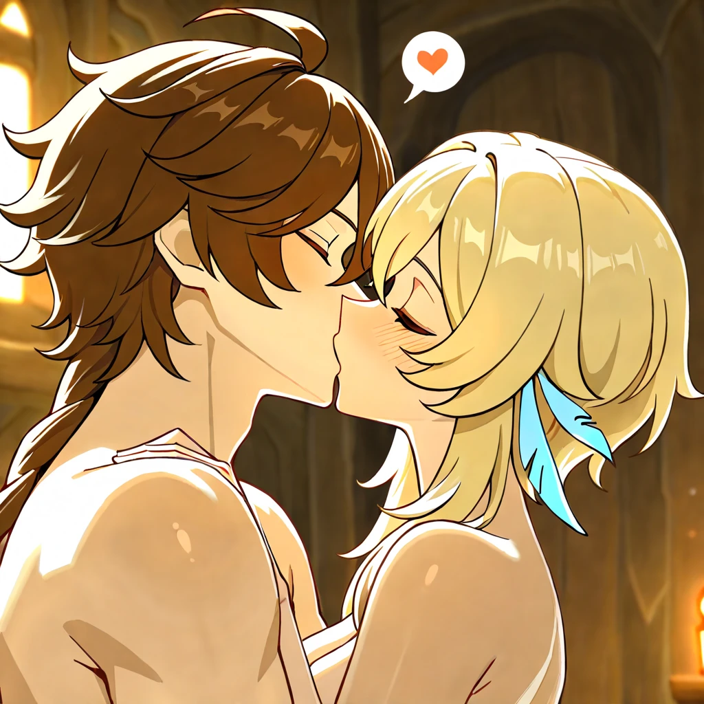 ((Highest quality)), ((masterpiece)), (detailed), (Perfect Face)、A man and a woman making love and having sex、The woman is Queen Zelda of the Gerudo tribe, with blonde hair and blue eyes, and is naked.、The man is a dignified, middle-aged man of the Gerudo tribe, with a beard, muscular red hair and dark skin, King Ganondorf, the king of the Gerudo tribe, and is naked.、A man and woman are embracing and kissing on the luxurious throne of the Gerudo royal family.、The queen and the king are so infatuated with each other that they have sex and love each other, and they both wear engagement rings.