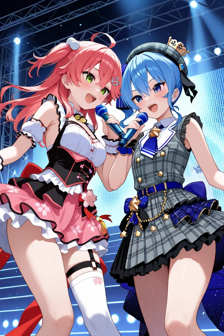 Highest quality、High resolution、Detailed Background、(Beautiful face in every detail:1.4)、Anatomically correct、Normal number of fingers、Highly detailed face、Detailed eyes、Teenage beauty、Perfect body line、Brightly colored hair、Braided bob cut、ponytail、cute hairstyle、Gorgeous stage、Cuteness and glamour、Idol-like atmosphere、A big smile、A cosplay-style sailor uniform in vibrant colors、No sleeve、ribbon、Vibrant、Cute gestures、

(Two beautiful idol girls singing and dancing on stage:1.5)、

To rhythmic music、Perform a light dance、Sparkling and shining costumes、And a captivating performance that captivates the audience、
Their performances are truly dazzling as they capture the hearts of the audience.、The scene was filled with the sparkle and charm that only idols can have.、Idol Style、Attractive thighs、Show your side、Panty Shot、cute