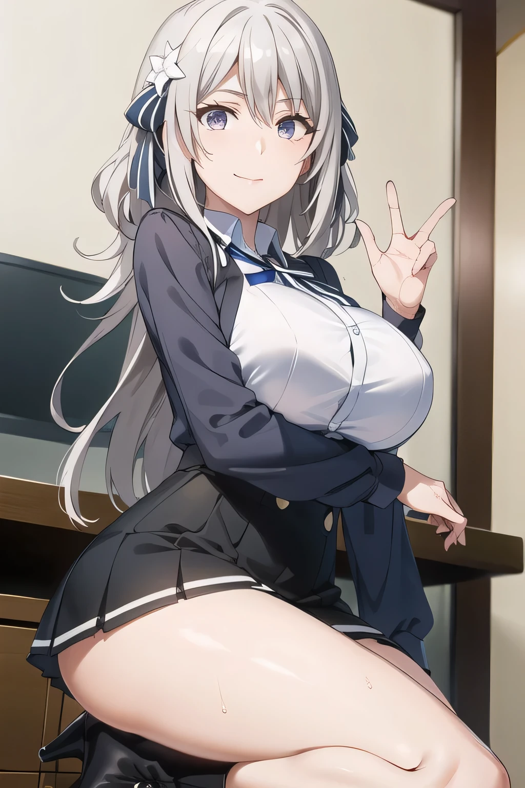 , (((gigantic breasts))), clothed, school uniform, Seductive Anime Girl, (((skirt lift with one hand))), upskirt, panty shot, curvy,, evil grin,