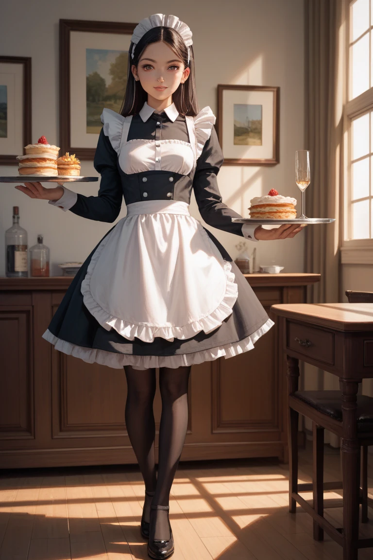 one  men, sexy maid dress, black hair wig, with white panties.and holding a tray full of food, in a room in a mansion.