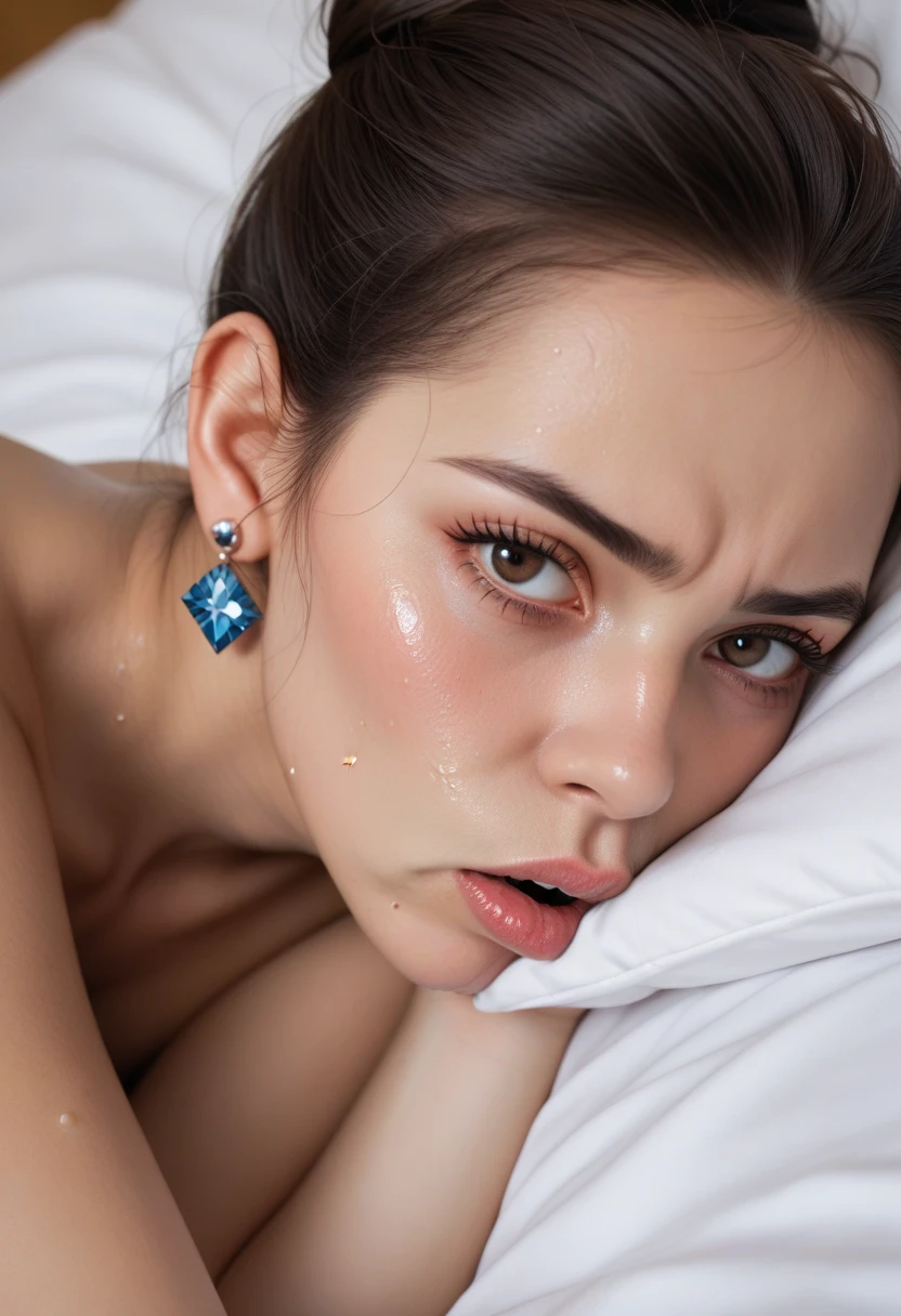 1girl girl, , laying on a bed, cute underwear, strong makeup, slutty look, young face, cute face, beautiful face, only underwear, perfect body, cum on , wet , open mouth, saliva, drooling, spit on , messy , oral invitation , uncensored, NSFW, 8k, details