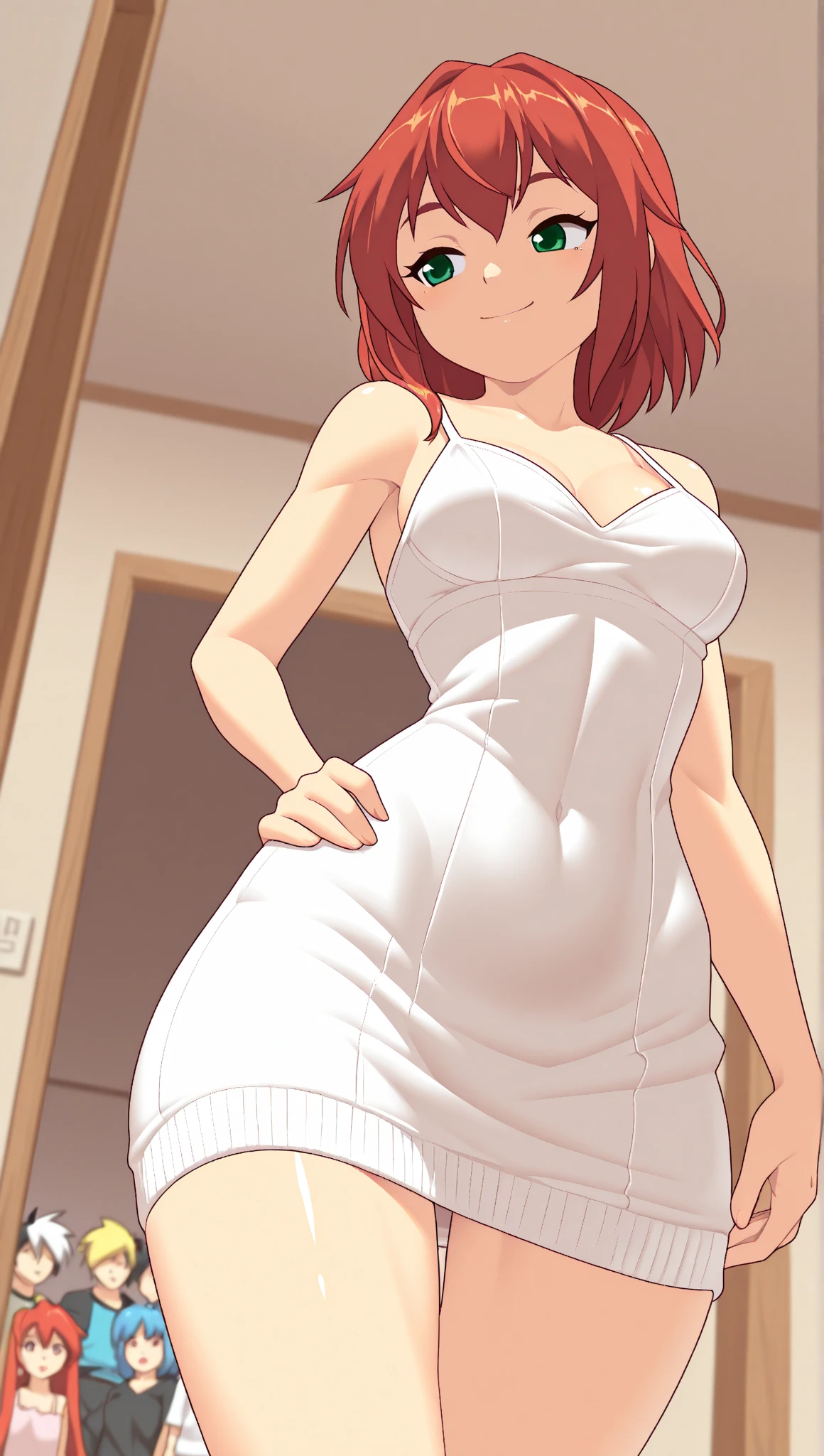 Masterpiece,best quality,Kousaka honoka, blue eyes, white wedding dress, from behind, looking back at viewer, smile, energetic pose, butt crack, bukkake,(cum on body:1.2)