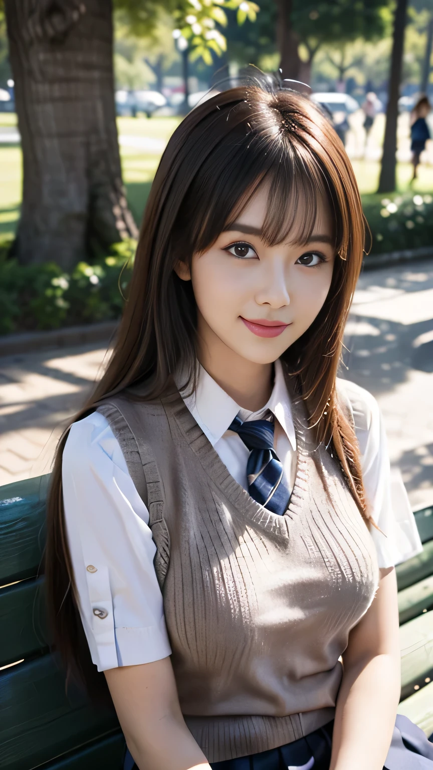 ((beautiful girl:1.3)) ((school uniform:1.5))  (((smile:1.2)) ((big breasts:1.2)) () ((close:1.3)) highest quality,masterpiece,ultra high resolution,(realistic:1.4),Raw photo,(real skin texture:1.3),(film grain:1.3),panorama,character portrait,very wide shot,tight waist,cowboy shot,(in the dark, deep shadow, discreet key, cold light,) night,(()),flowing tears,,dust,Tyndall effect,(Performance),,Beautifully detailed eyes and face,white jabot,brown eyes,((brown hair:1.2)) ((full body:1.3))