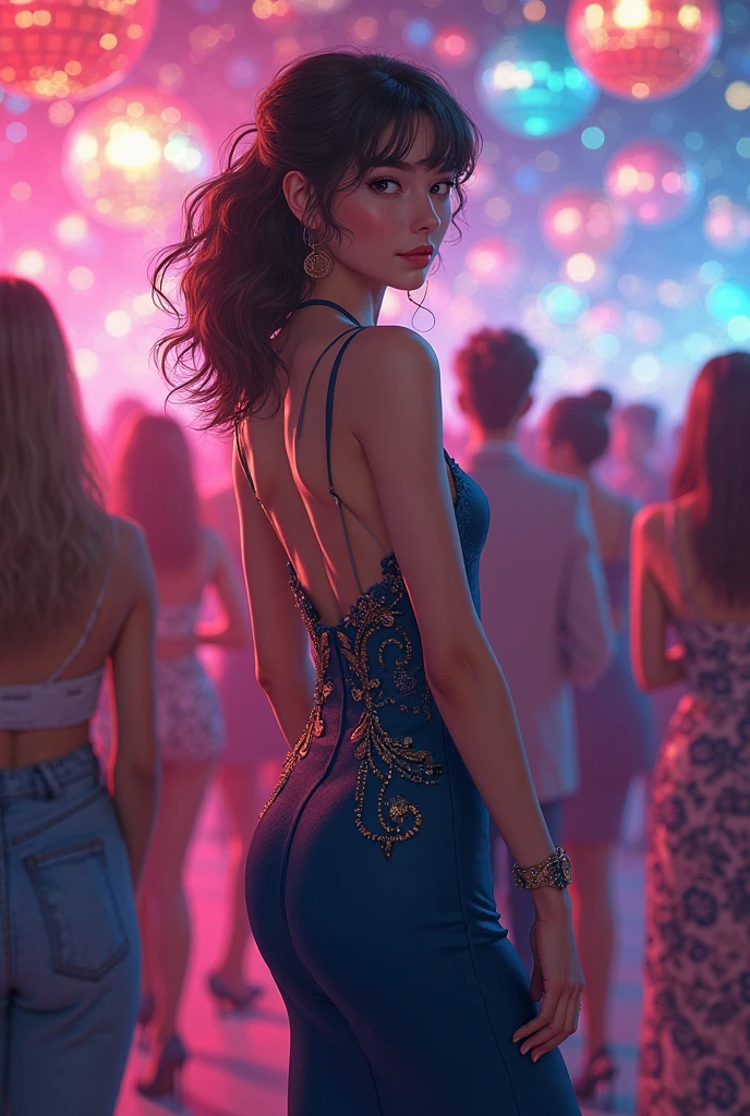 ((Masterpiece)), (Best quality),, offcial art, Extremely detailed Cg Unity 8K wallpaper, Highly detailed, Shiny skin, Depth of field, vivd colour,, 1girll, (Curvy:0.4), (full bodyesbian:0.6),, Short hair, bangs, Red eyes, Skirt, view the viewer, Night, street, neonlight, Looking back, Star (sky), crowd, Upper body,