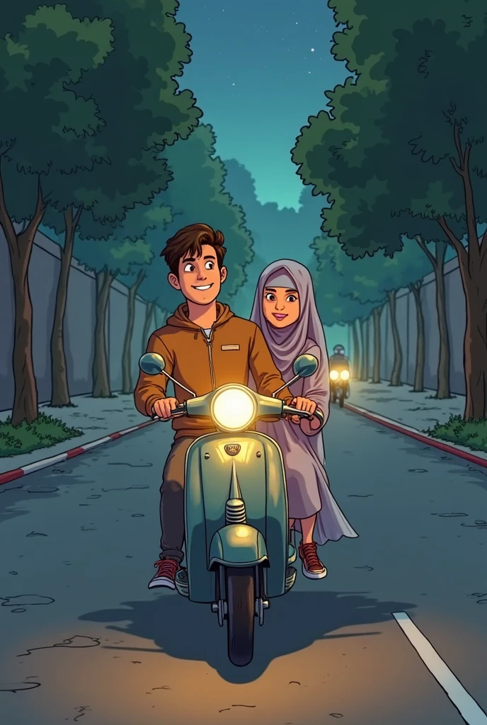 
Hyper realistic image, High detail, cinematic, masterpiece. An Indonesian mother wearing a hijab rides a Honda Scooter automatic motorbike while carrying a toddler on her chest using a hipseat carrier. , accompanied by two children behind in elementary school uniforms. They are cheerful, morning atmosphere on the streets of Indonesia. 