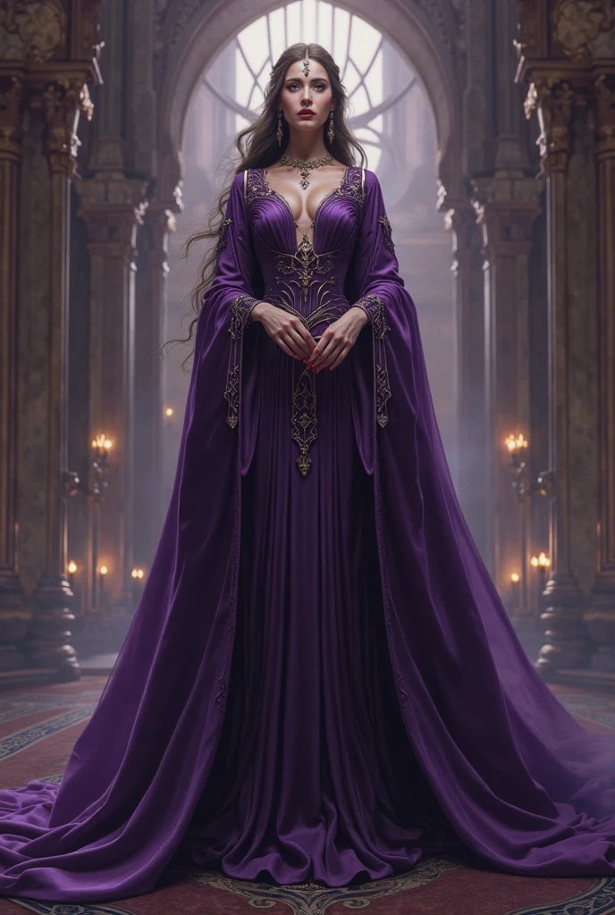 Thalia Darkwood emerges from the shadows, a figure shrouded in mystery and allure. Her slender form is cloaked in a flowing gown of deep crimson velvet, the fabric cascading around her like a river of blood. Adorned with intricate lace patterns and silver accents, the gown hugs her curves with a tantalizing embrace. Her long, flowing hair, the color of midnight, tumbles down her back in silky waves, framing a face that is both bewitching and enigmatic. Eyes the color of amethysts gleam with an otherworldly intensity, hinting at the depths of her ancient wisdom and power. Around her neck, she wears a pendant adorned with a black diamond, its dark facets reflecting the secrets hidden within her soul. With each step, she moves with a grace and poise that captivates all who behold her, a vision of beauty and danger intertwined.