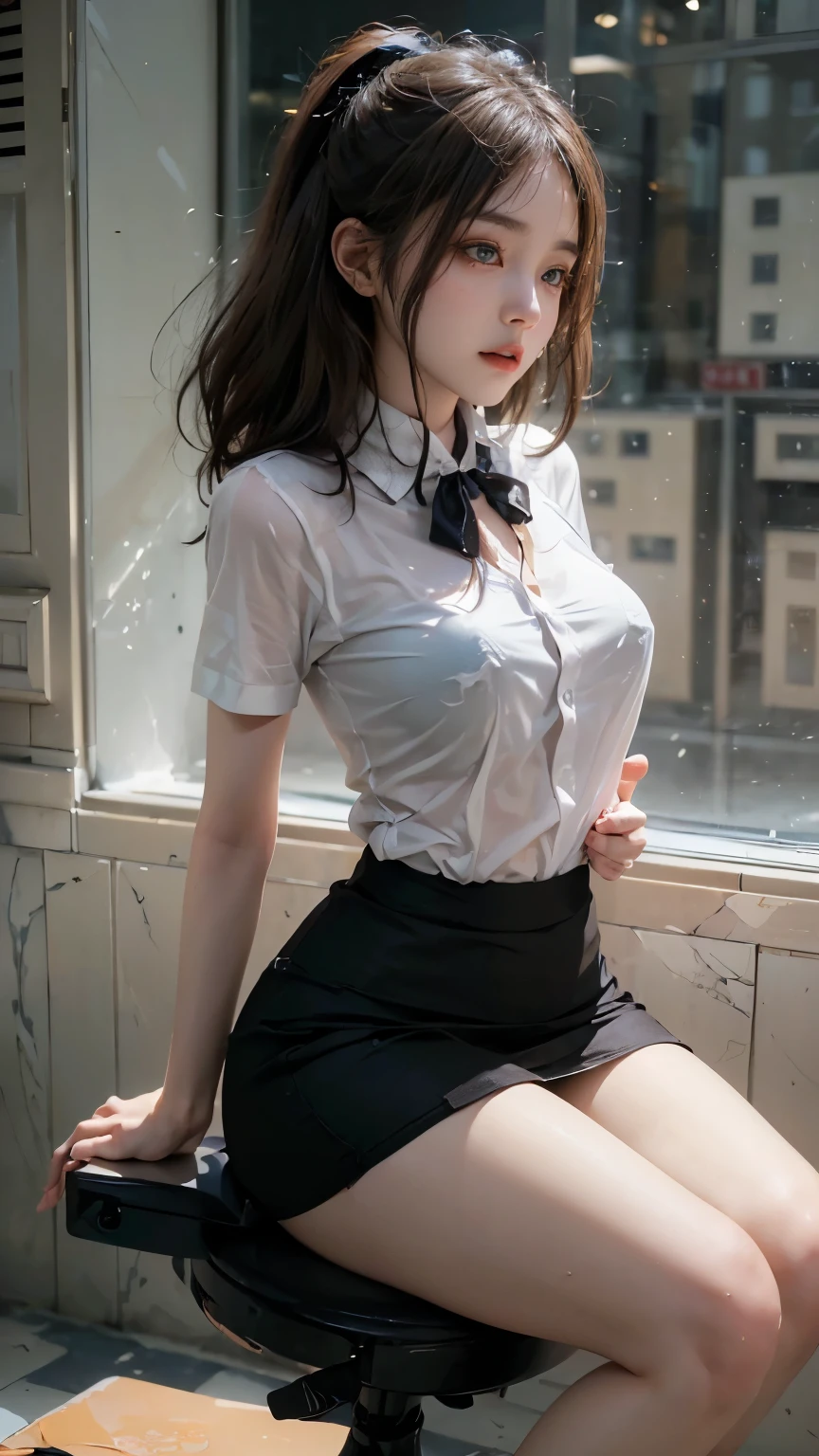 Beautiful Japanese waifu, early 30s, brunette hair, white shirt, pleated skirt