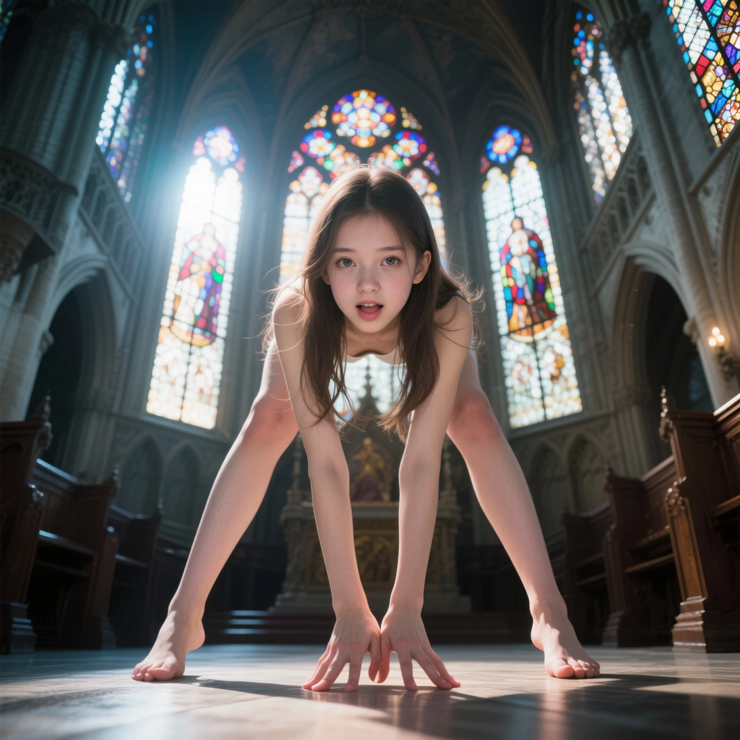 (((Full body shot of a beautiful woman、Low - Angle)))、(((Carrying the Cross)))、(((In front of the public、Public place)))、(((Crucified on a cross))),(((Full nudity)))、(((Tied to a big cross))),((( Body hanging from a giant cross))),(((Delicate face、20-year-old K-Pop girl)))、{{Angle Bob}}、Attractive curves、In the pelvis、Glowing Skin、Dynamic Pose、(vulva:1.275)、(In 8K、Live Shooting、Highest quality、masterpiece:1.47), (Raising both arms high), Constraints, (Arms and legs are chained), (鎖でConstraintsされた体), (I can&#39;t move), Unable to move freely, (Being tied up), (Sexy pose), sexual excitement, sexual expression,Excited to be seen, Stare, Embarrassing, Sexy expression,Sweating a lot,
